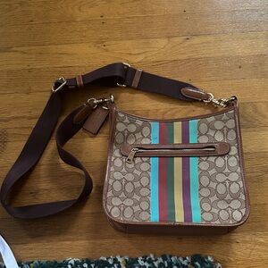 Coach Brown Crossbody Bag with Multicolor Stripes